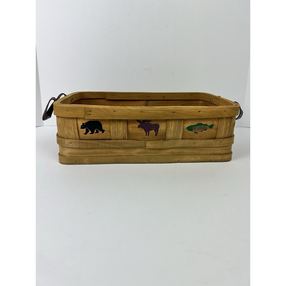 Vintage Rustic Bentwood Basket Bear Moose Fish Leather Handles Cabin Lodge Decor